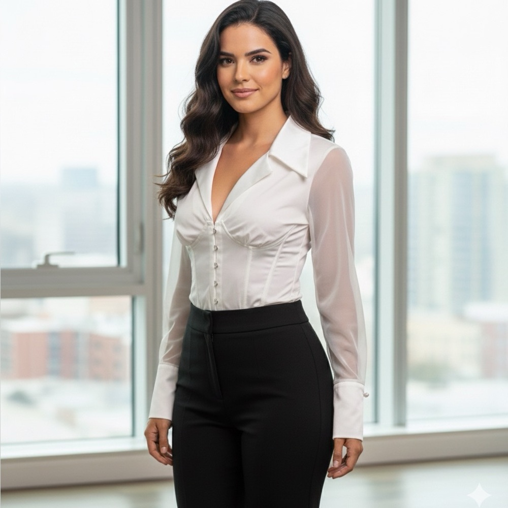 DressBarn White Corset Style Blouse, Sheer Sleeves & Shoulders, Rhinestones, 8